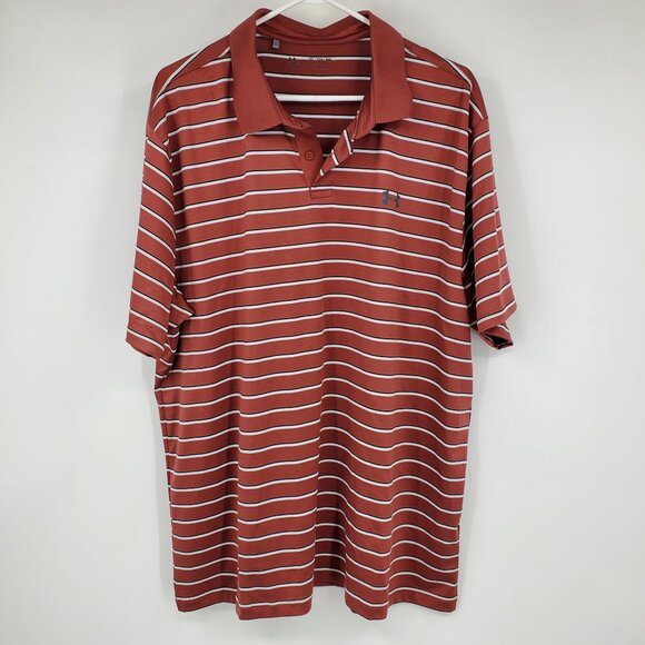 Under Armour Heat Gear Moisture Wicking Loose Fit Orange Striped Polo Shirt 2XL - Picture 1 of 8